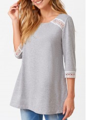 Grey tops,Contrast Color tops,ROTITA Lace Patchwork Round Neck Three Quarters Sleeve T Shirt