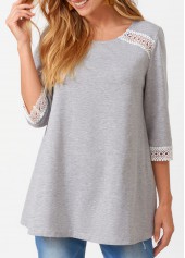 ROTITA Lace Patchwork Round Neck Three Quarters Sleeve T Shirt