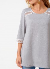 Grey tops,Contrast Color tops,ROTITA Lace Patchwork Round Neck Three Quarters Sleeve T Shirt