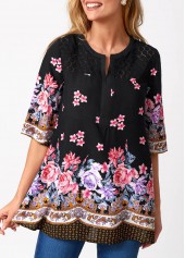 Black tops,Floral tops,ROTITA Floral Print Split Neck Lace Stitching Blouse
