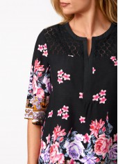 Black tops,Floral tops,ROTITA Floral Print Split Neck Lace Stitching Blouse