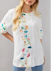White tops,Floral tops,ROTITA Decorative Button Floral Print Round Neck Blouse