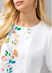 White tops,Floral tops,ROTITA Decorative Button Floral Print Round Neck Blouse