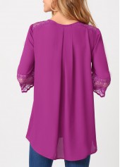 Purple tops,Plain Color tops,ROTITA Solid Crinkle Chest Lace Patchwork Blouse