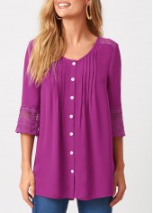 Rotita einfarbige Patchwork-Bluse aus Spitze mit Crinkle-Effekt auf der Brust