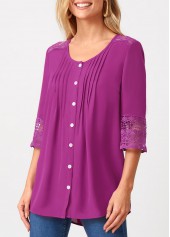 Purple tops,Plain Color tops,ROTITA Solid Crinkle Chest Lace Patchwork Blouse