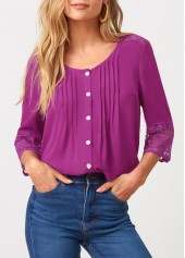 Purple tops,Plain Color tops,ROTITA Solid Crinkle Chest Lace Patchwork Blouse