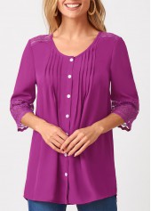 Purple tops,Plain Color tops,ROTITA Solid Crinkle Chest Lace Patchwork Blouse
