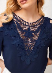 Navy tops,Plain Color tops,ROTITA Cold Shoulder Lace Stitching Cross Strap T Shirt