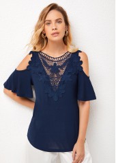 Navy tops,Plain Color tops,ROTITA Cold Shoulder Lace Stitching Cross Strap T Shirt