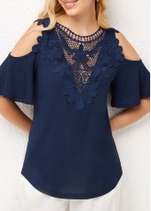 ROTITA Cold Shoulder Lace Stitching Cross Strap T Shirt