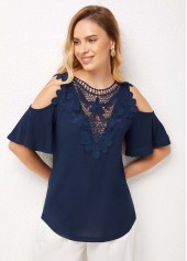 Navy tops,Plain Color tops,ROTITA Cold Shoulder Lace Stitching Cross Strap T Shirt