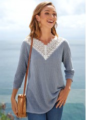 ROTITA Three Quarters Sleeve Lace Patchwork T Shirt