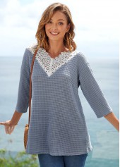 Blue tops,Contrast Color tops,ROTITA Three Quarters Sleeve Lace Patchwork T Shirt