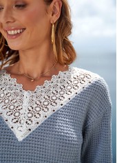 Blue tops,Contrast Color tops,ROTITA Three Quarters Sleeve Lace Patchwork T Shirt