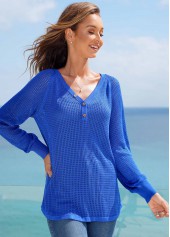 Navy tops,Plain Color tops,ROTITA Long Sleeve Button Detail Solid Sweater