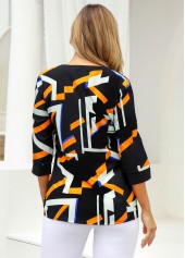 Multi Color tops,Geometric tops,ROTITA Geometric Print 3/4 Sleeve Split Neck Blouse