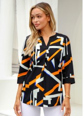 ROTITA Geometric Print 3/4 Sleeve Split Neck Blouse