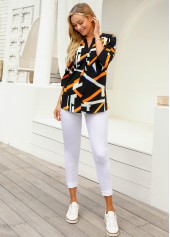 Multi Color tops,Geometric tops,ROTITA Geometric Print 3/4 Sleeve Split Neck Blouse