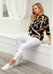 Multi Color tops,Geometric tops,ROTITA Geometric Print 3/4 Sleeve Split Neck Blouse