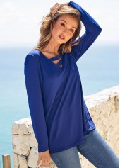 Blue tops,Plain Color tops,ROTITA Solid Cutout Neck Long Sleeve T Shirt