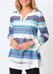 Multi Color tops,Chevron tops,ROTITA Split Neck Chevron Print Layered Hem Blouse