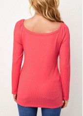 Red tops,Plain Color tops,ROTITA Sweetheart Neckline Solid Long Sleeve T Shirt