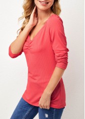 Red tops,Plain Color tops,ROTITA Sweetheart Neckline Solid Long Sleeve T Shirt