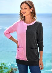 Multi Color tops,Contrast Color tops,ROTITA Pocket Contrast Round Neck Long Sleeve Sweatshirt