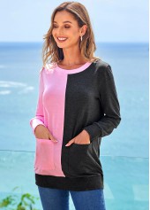 Multi Color tops,Contrast Color tops,ROTITA Pocket Contrast Round Neck Long Sleeve Sweatshirt