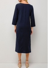 Navy dresses,Plain Color dresses,Solid Double Slit Pocket Round Neck Dress