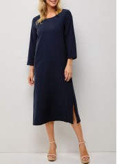 Solid Double Slit Pocket Round Neck Dress