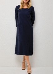 Navy dresses,Plain Color dresses,Solid Double Slit Pocket Round Neck Dress