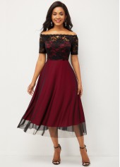 Wine Red dresses,Contrast Color dresses,ROTITA Lace Patchwork Short Sleeve Off Shoulder Dress