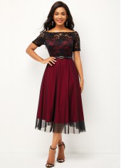 Wine Red dresses,Contrast Color dresses,ROTITA Lace Patchwork Short Sleeve Off Shoulder Dress
