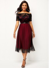 ROTITA Lace Patchwork Short Sleeve Off Shoulder Dress