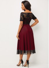 Wine Red dresses,Contrast Color dresses,ROTITA Lace Patchwork Short Sleeve Off Shoulder Dress