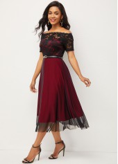 Wine Red dresses,Contrast Color dresses,ROTITA Lace Patchwork Short Sleeve Off Shoulder Dress