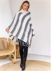 Multi Color tops,Striped tops,Stripe Print Tassel Turtleneck Long Sleeve Sweater