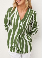Green tops,Striped tops,ROTITA Striped V Neck Decorative Button Blouse