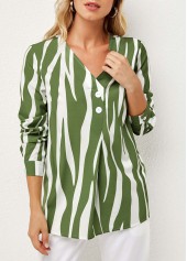 Green tops,Striped tops,ROTITA Striped V Neck Decorative Button Blouse