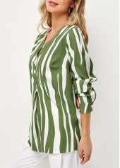 Green tops,Striped tops,ROTITA Striped V Neck Decorative Button Blouse