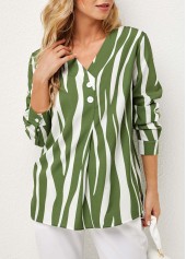 ROTITA Striped V Neck Decorative Button Blouse