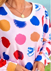 Pink tops,Dot tops,ROTITA Polka Dot Rainbow Color Long Sleeve T Shirt