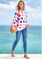 Pink tops,Dot tops,ROTITA Polka Dot Rainbow Color Long Sleeve T Shirt