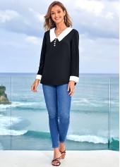 Black tops,Contrast Color tops,ROTITA Decorative Button Contrast Long Sleeve Blouse