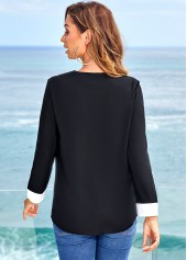 Black tops,Contrast Color tops,ROTITA Decorative Button Contrast Long Sleeve Blouse