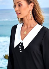 Black tops,Contrast Color tops,ROTITA Decorative Button Contrast Long Sleeve Blouse