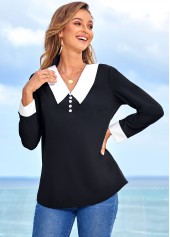 Black tops,Contrast Color tops,ROTITA Decorative Button Contrast Long Sleeve Blouse