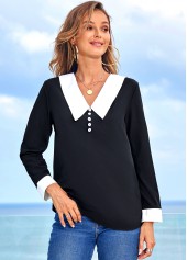 ROTITA Decorative Button Contrast Long Sleeve Blouse
